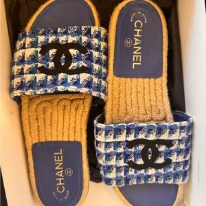 Chanel Blue Tweed Slides